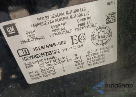 2015 Chevrolet Silverado 1500 1Lt/2Lt из США, поврежденный, VIN 1GCVKREC0FZ351972